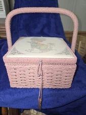 Medium Square Sewing Basket w/TrAy 07x4x7 Pink and tan Wicker Nice Gift