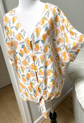 DIP Women 1X Viscous Linen Cotton Yellow Pear Blouse tied bottom Buttons Tunic