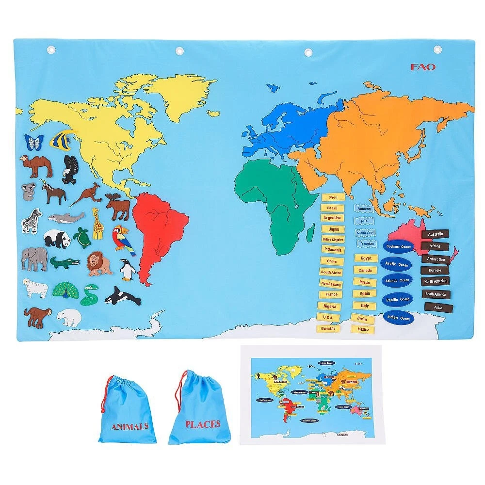 FAO Schwarz Big World Map 52”x35” Hanging Play Map w/ 60 Removable