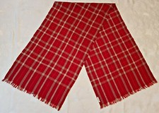VINTAGE AUTHENTIC FOSSIL PLAID BURGUNDY GRAY BROWN WOOL LONG MEN'S FRINGE SCARF