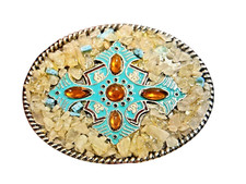Western Stone Decorated Oval Silvertone Belt Buckle Made in the USA