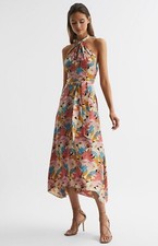 REISS ELECTRA FLORAL PRINTED HALTER NECK MIDI DRESS in PINK/NEUTRAL