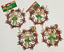 Set of 4 Antler and Deer Ornaments - Gold Deer Mount on Brown Antler Wreath