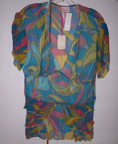 Neu mit Etikett Nelli by Janice Jaraicie Seidenmuster Stufen-Top Schößchen rosa blau oliv Gr. L