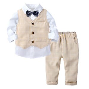 Langarm Shirt Hemd Baby Jungen Gentleman Outfits 3tlg Hosen Pants Weste Set