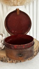 Antique Round Leather Collar Storage Box with Buckle & Handle - Red Interior 