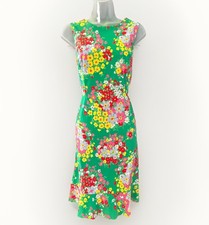 TALBOTS Sleeveless Shift Dress Green Floral Stretch Ruffle Hem Size 8 Petite