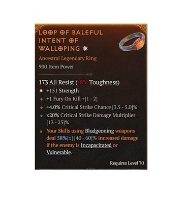Diablo 4 S13 Loop Of Baleful Intent Of Walloping 1GA Legendary Ring Gear Item
