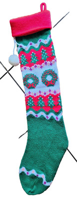 Long Christmas Stocking 25x5'' Wreathes and Trees / white fluff ball knit (T8-B)