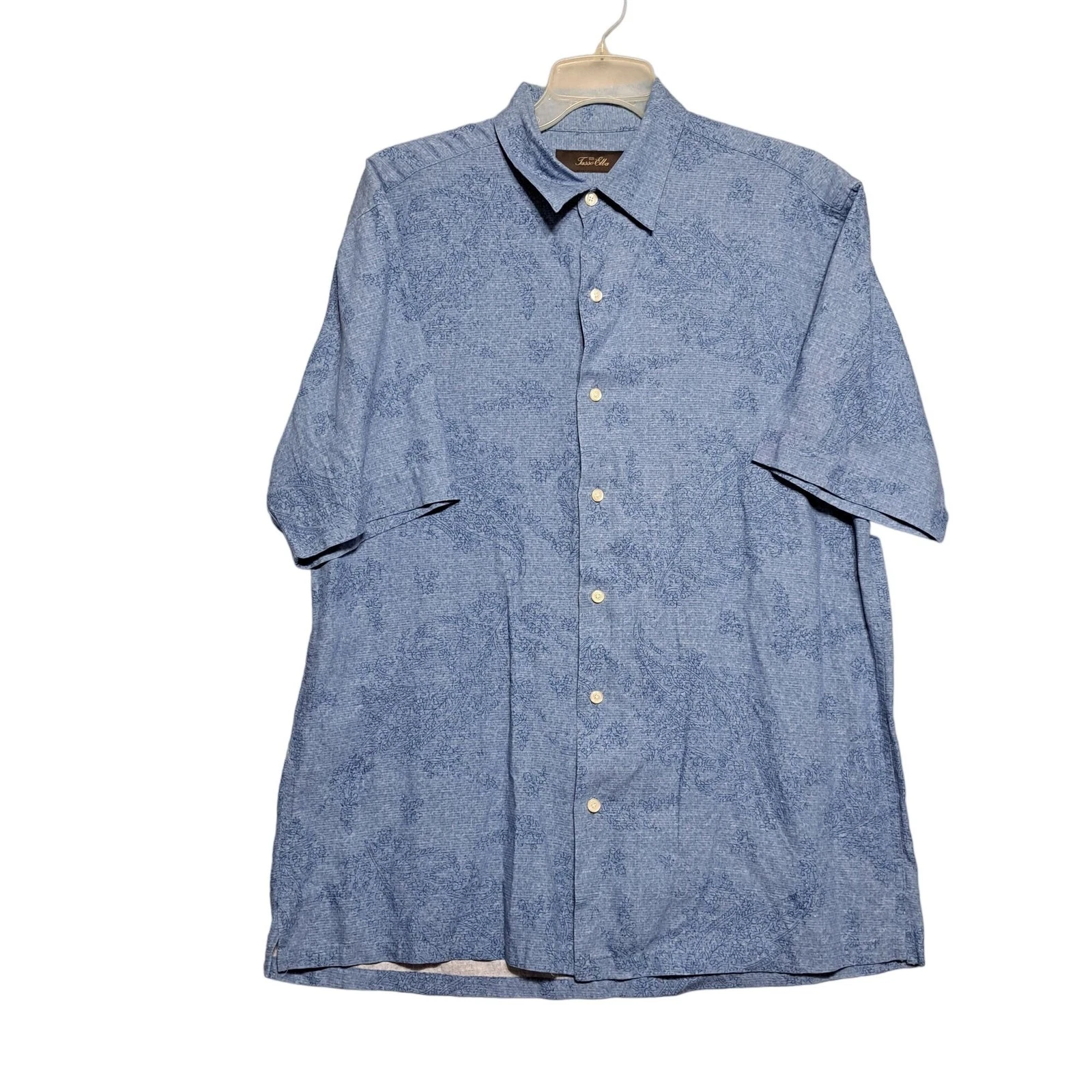 Tasso Elba Mens Medium Shirt Blue Heathered Floral Print Silk Button Up Casual