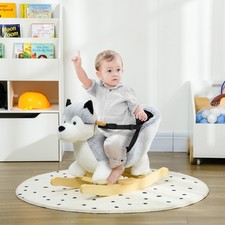 Baby Rocking Horse, Husky-Shaped Plush Child Rocking Animal with Seatbelt - Grey