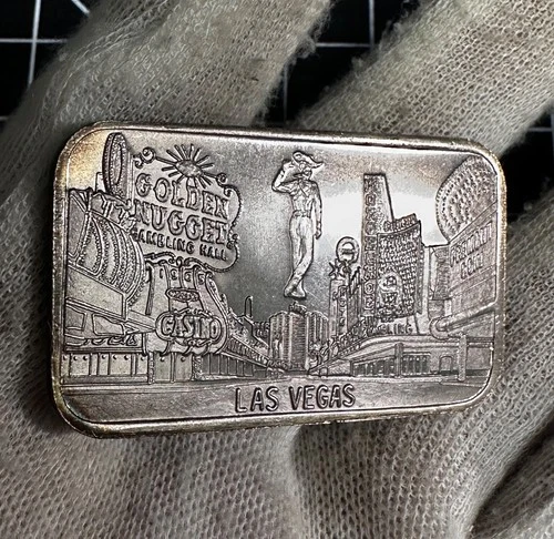VINTAGE GOLDEN NUGGET DOWNTOWN LAS VEGAS 1 OZ SILVER BAR .999 FINE