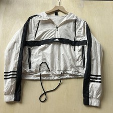 Adidas Jacket Womens Small White Black Hooded 1/2 Zip Crop Windbreaker Athletic