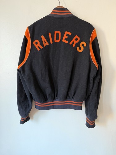 VTG 60s 70s Raiders Wool Satin Reversible Letterman Varsity Jacket Fits Med - Image 1