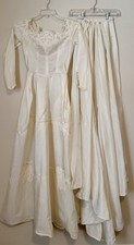 VTG 1960  s Victorian Satin Wedding Gown Lace Long Sleeve Train Size S