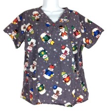 Christmas Snowman Scrub Top Medium By Scrub Wear Cotton Gray Holidays