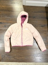The North Face Reversible Girls Hooded Puffer Jacket Pink Mauve M 10 Logo Zip