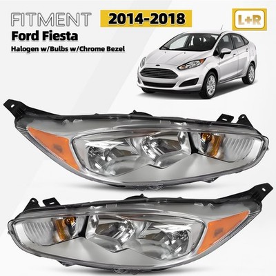 For 2014-2018 Ford Fiesta Halogen Headlight Chrome Bezel w/ Bulb Left+Right Pair