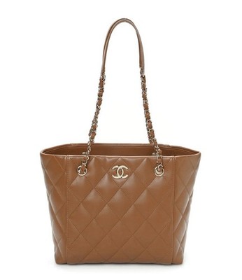 Authentic CHANEL Calfskin Quilted Small CC Shopping Tote Camel Dark Beige