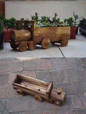 Garden Modern Wooden Train Wheel Barrow Planter Flower Carts Ornamental Pot37cm