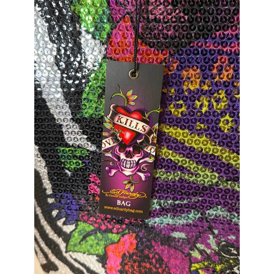 Новый с Ярлыками VTG Y2K Ed Hardy блестками зебра печать череп цветочный сумка с короткими ручками читать - Изображение 4 из 4