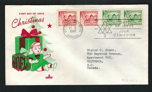 Canada #476-77, 1967 Children Carolling pairs, Capital cachet FDC VF
