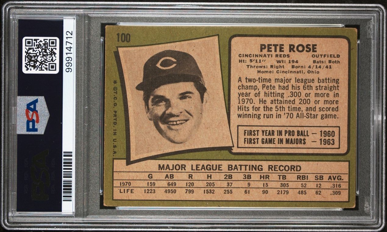 1971 Topps #100 Pete Rose Autograph Auto PSA 3 DNA 9 Reds view 2
