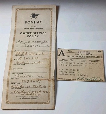 1941 Pontiac Service Policy Booklet (5/30/41) w/ 1946 North Carolina Reg