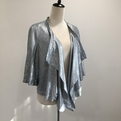 2B BEBE Gray Silver Sequins Ruffle Waterfall Lapels Open Blazer Jacket sz Medium