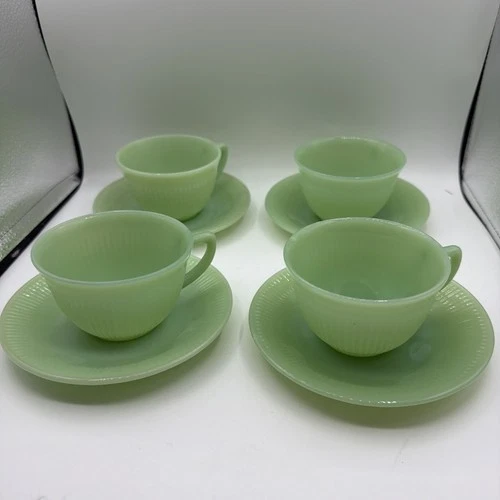 Vintage FIRE KING Jadeite Jane Ray Cup & Saucer SET OF 4 normal wear with flaws