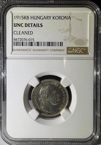 1915-KB Hungary Silver 1 Korona NGC UNC Details Cleaned (015)