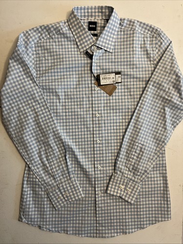 Hugo Boss Men’s Long Sleeve Button Down Shirt Blue & White Slim Fit L 42 X 16.5