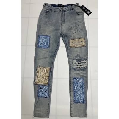Serenade Jeans Men Sz 34x32 Blue Light Wash Patchwork Designer Distressed Skinny