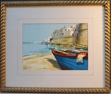 ALDO RISO PRESSO GIARRE- SERIGRAFIA CON CORNICE- BARCHE- PAESAGGIO MARINO