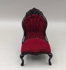 Vintage Dollhouse Wooden Red Velvet Arm Chair Victorian Fancy Style