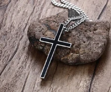 2 Sided CROSS BLACK SILVER CHRISTIAN PRAY Pendant 925 Sterling 26" Necklace Men