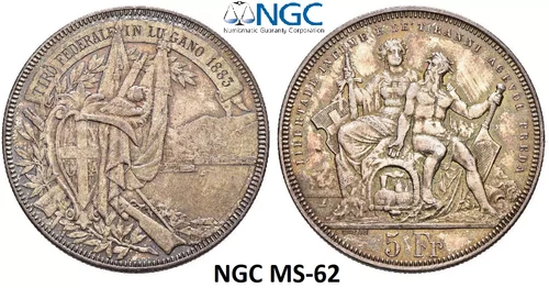 NGC Switzerland Lugano MS 62 1883 1 Shooting Thaler 5 Francs Coin Unc Silver