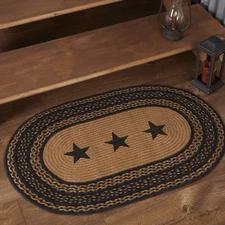 Farmhouse Primitive Jute Black Stenciled Stars Accent Rug Oval W/ Floor Pad 24"X