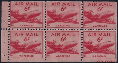 C39a - 6c Miscut Error / EFO Booklet Pane W/ 35% Pl# 24263 "Skymaster Plane" MNH