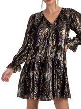 Trina Turk CELESTIAL METALLIC BLOUSON-SLEEVE MINI DRESS IN BLACK MULTI Women’s M