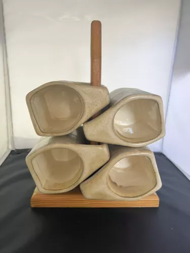 Set Of 4 Vintage Signed Rodolfo Padilla Stoneware Mugs With Wooden Stand