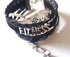 Pulsera GIMNASIO Cuerda Trenzada Infinity Love FITNESS con Dije de Peso - Todo Negro