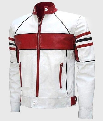 Men's White and Red Stripes Biker Slim Easy Ride Genuine Lambskin Leather Jacket