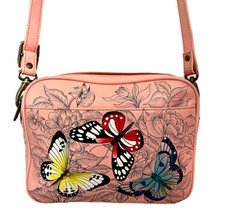 Anuschka Hand Painted Leather Twin Zippered Crossbody Bag-Butterfly Garden