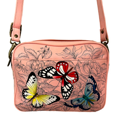 Anuschka Hand Painted Leather Twin Zippered Crossbody Bag-Butterfly Garden