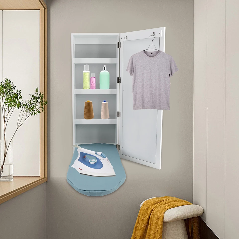Clothes Ironing Board Cabinet Foldable Storage Shelf Wall Mounted With Mirror - Image 4 of 4