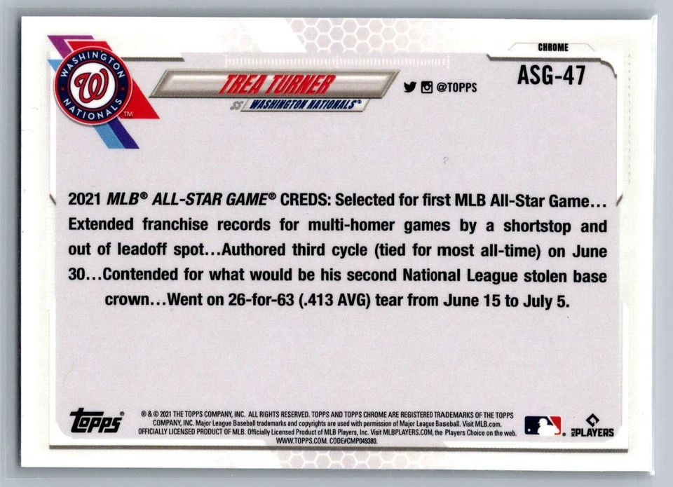 2021 Topps Chrome Update #ASG-47 Trea Turner Washington Nationals REFRACTOR - Image 2 of 2