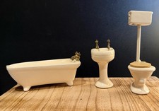 Vintage 3pc Dollhouse Porcelain Bathroom Set Toilet Bathtub  Sink Gold Hardware