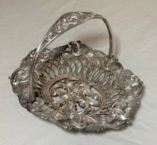 antique ornate handmade silver plate repousse candy dish bowl handle reticulated