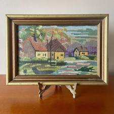 Vintage Needlepoint Country Landscape Picture Art 11  x8  Framed Cottagecore